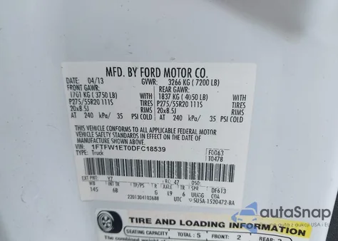 2013 Ford F-150 Fx4 из США, поврежденный, VIN 1FTFW1ET0DFC18539